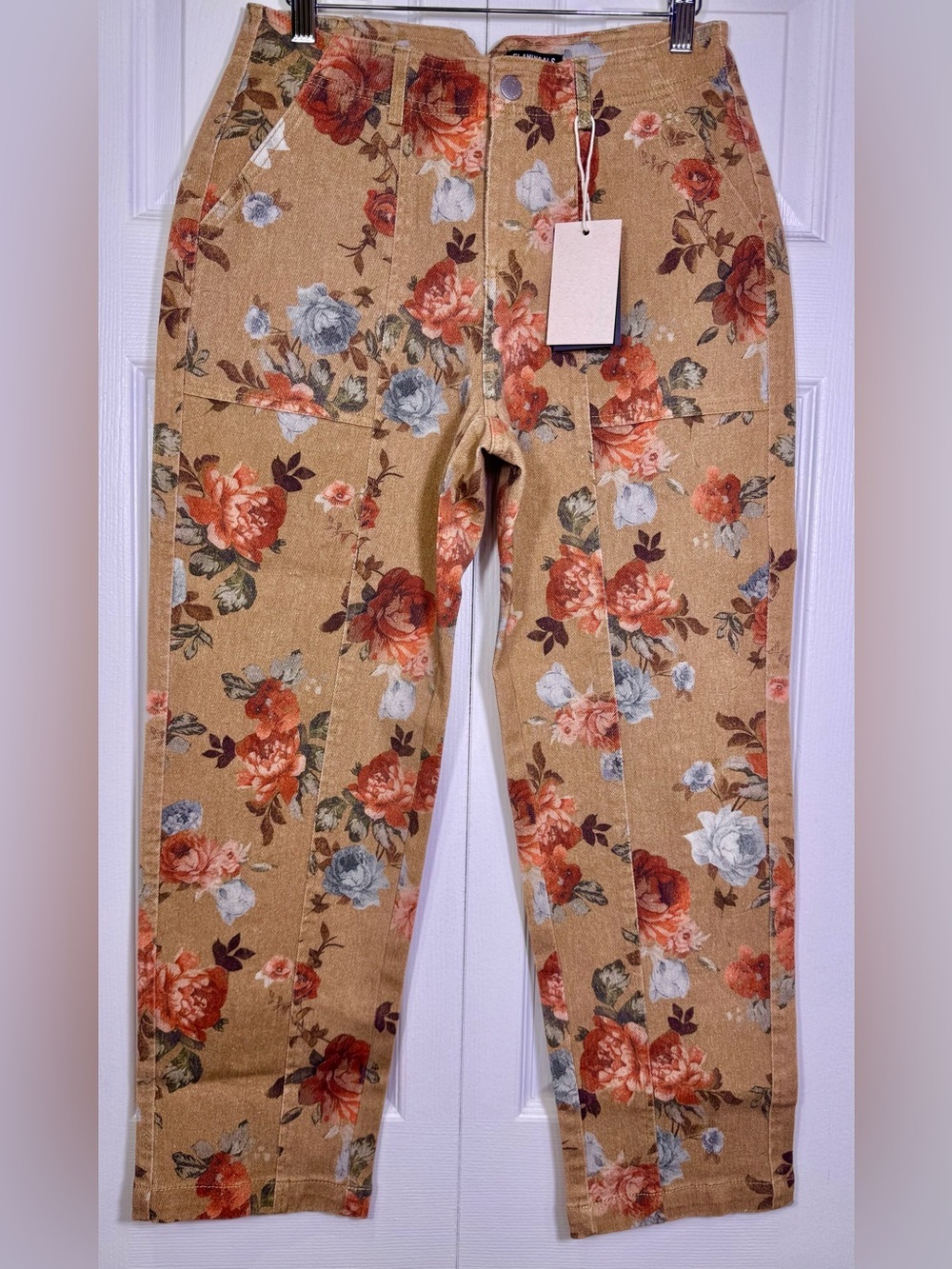 Flamingals Mid Rise Floral Print Relaxed Tapered Jeans Size Small Denim Pants